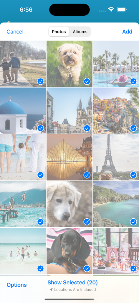 Interfaccia utente che mostra una griglia di foto familiari e di viaggio selezionate per un memory game personalizzato.