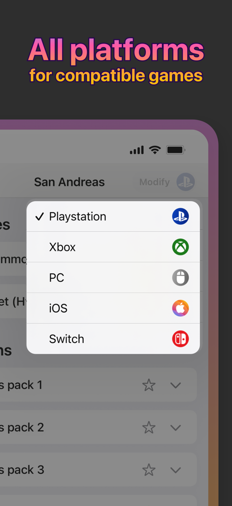 A mobile app interface displaying a dropdown menu to select gaming platforms like PlayStation, Xbox, PC, iOS, and Switch for GTA San Andreas cheat codes.