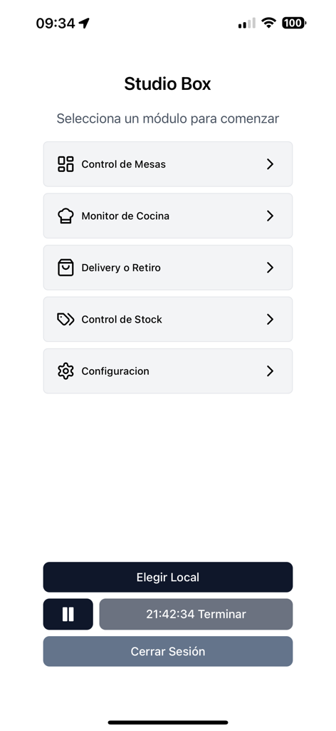 Cravel Restaurant - Pantalla del menú principal de la aplicación de gestión Cravel Restaurante mostrando módulos para control de mesas, monitoreo de cocina, entregas y gestión de inventario