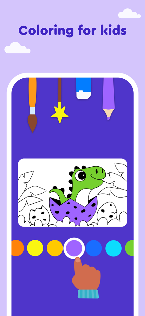 Keiki Learning games for Kids - A digital coloring game for kids featuring a friendly cartoon dinosaur hatching from an egg in the Keiki app interface
