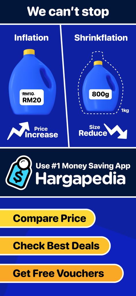 Hargapedia app graphic explaining inflation and shrinkflation with price comparison and money saving features