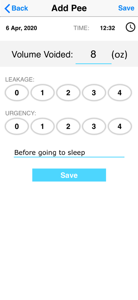 iUFlow- voiding bladder diary - Interface of the iUFlow app for logging urine volume voided, leakage, and urgency levels.