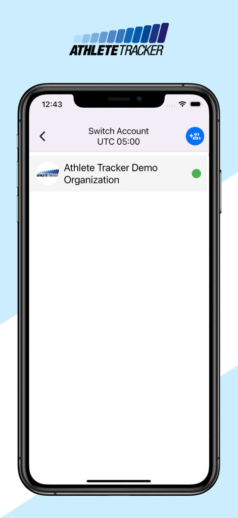 Athlete Tracker - Athlete Tracker mobile app interface showing the switch account screen with a demo sports organization listed.