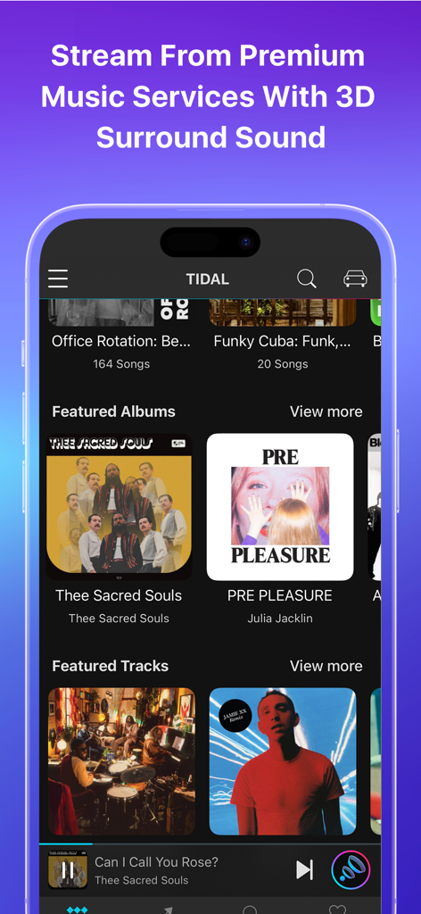 Interface of the Boom app showing TIDAL integration for high-quality music streaming with 3D surround sound