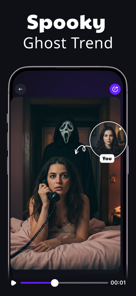 AI Video Generator: VIDIOAI - AI generated video showing the spooky ghost trend with a face swap of a woman in a horror movie scene.