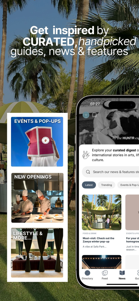 The HUNTR: City Guide - The HUNTR app showing curated city guides for events new openings and lifestyle features