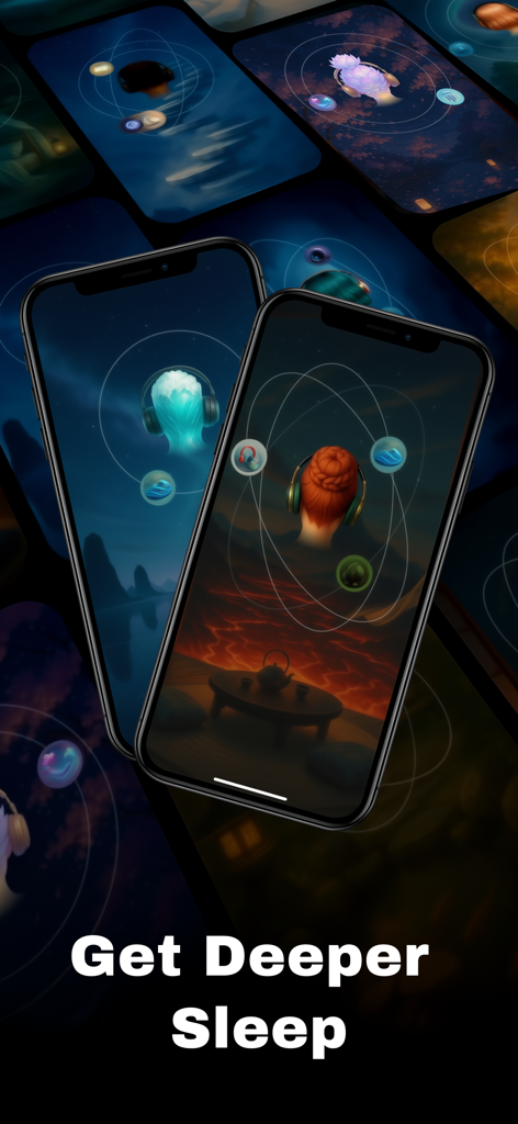 Pantallas de la aplicación Sleep Orbit que muestran la mezcla de sonido binaural 3D para la relajación