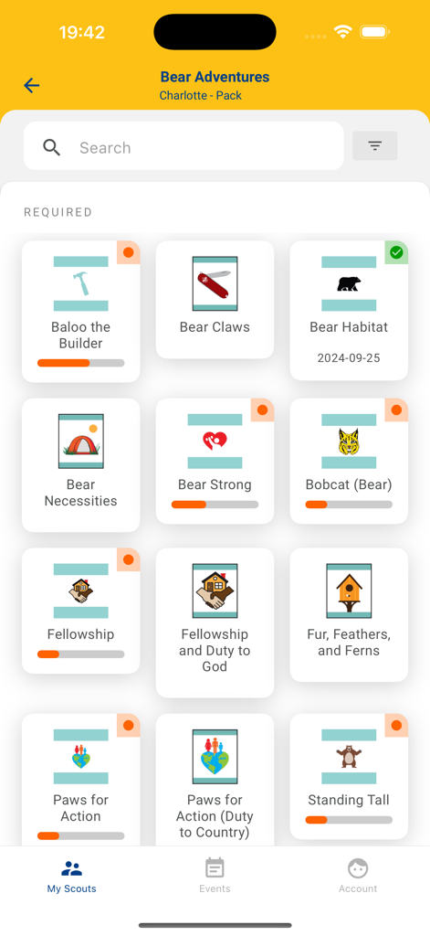 Scouting - A dashboard in the Scouting app showing completion progress for various Bear Adventures requirements