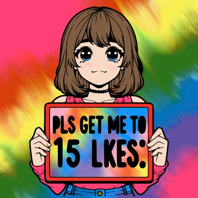 realistic girl holding up a sign that says “pls get me to 15 likes!”