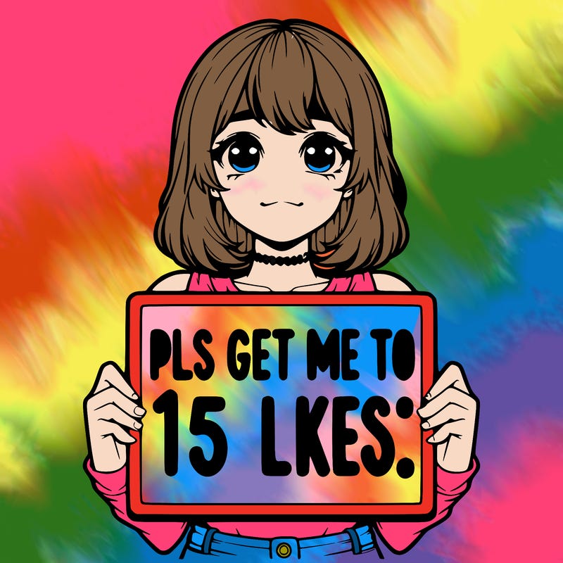 realistic girl holding up a sign that says “pls get me to 15 likes!”