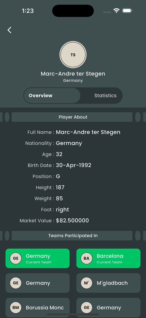 KUKI Football - Marc-Andre ter Stegen player profile on KUKI Football app displaying biographical data and team history
