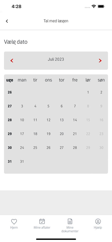 Tryg Lægehotline - Calendar screen in the Tryg Laegehotline app for choosing a date for a medical consultation