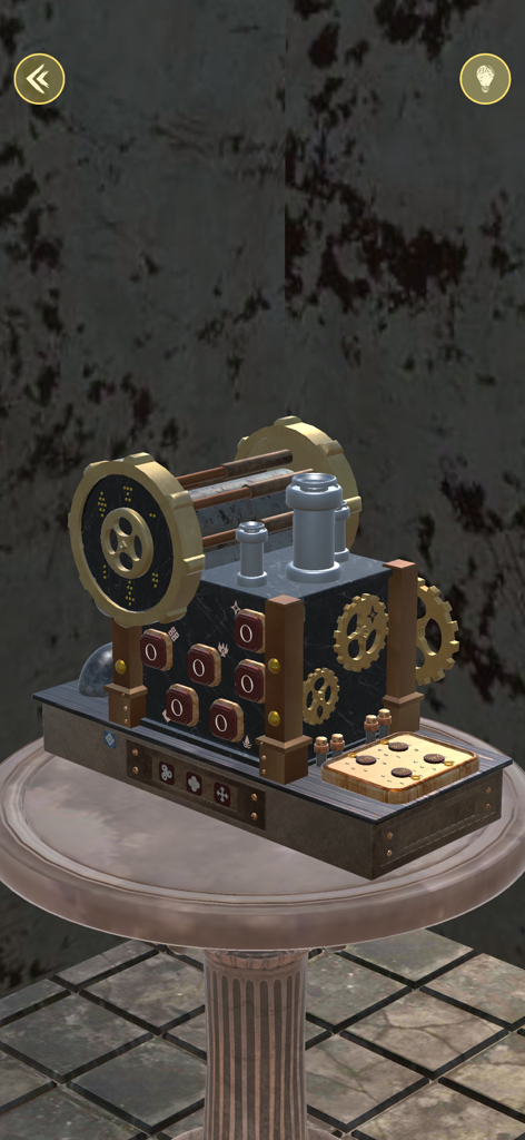 Odd Machines: Escape a Temple - 石の寺院の中に置かれた、真鍮の歯車とダイヤルを備えた複雑な3Dメカニカルパズルボックス