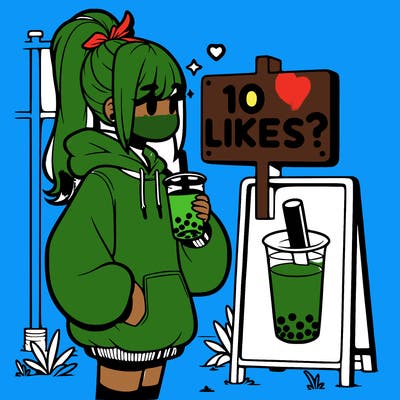 girl with oversized hoodie drinking boba and she has a high ponytail with a sign that says 10likes?