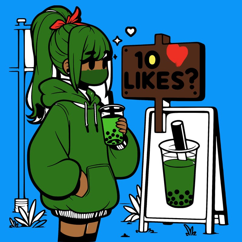 girl with oversized hoodie drinking boba and she has a high ponytail with a sign that says 10likes?