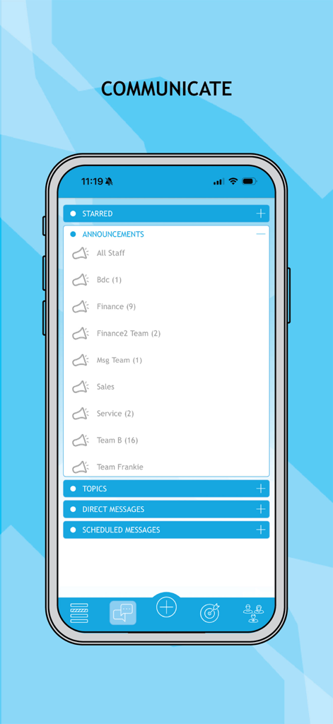 nextup mobile - Ein Screenshot der Nextup Mobile App, der den Kommunikationsbildschirm mit internen Ankündigungen und Nachrichten des Autohauses zeigt.