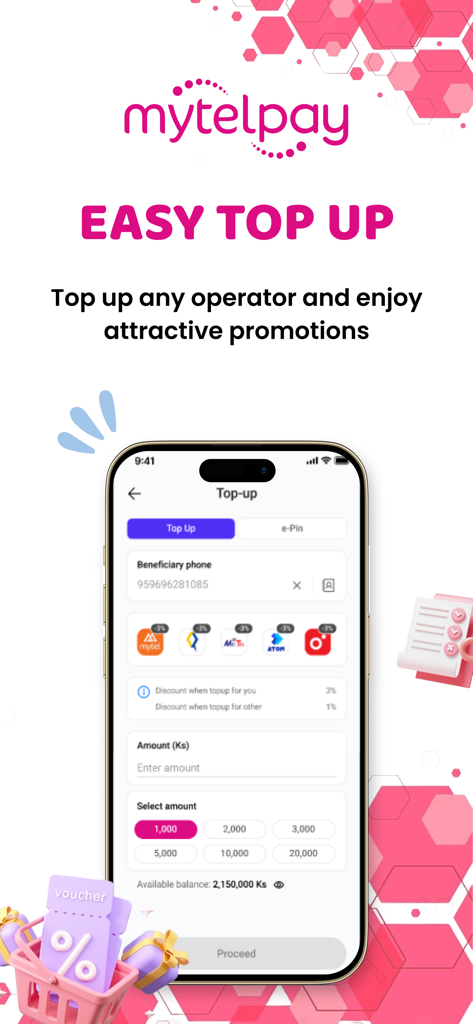 MytelPay V2 app interface for easy mobile top up and attractive promotions