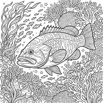 Unleash your creativity with this captivating coloring page featuring a majestic grouper or sea bass in its bustling coral reef habitat. Designed for teens, it offers an engaging and detailed artistic challenge.