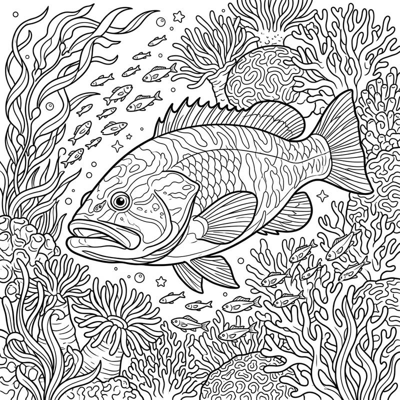 Unleash your creativity with this captivating coloring page featuring a majestic grouper or sea bass in its bustling coral reef habitat. Designed for teens, it offers an engaging and detailed artistic challenge.