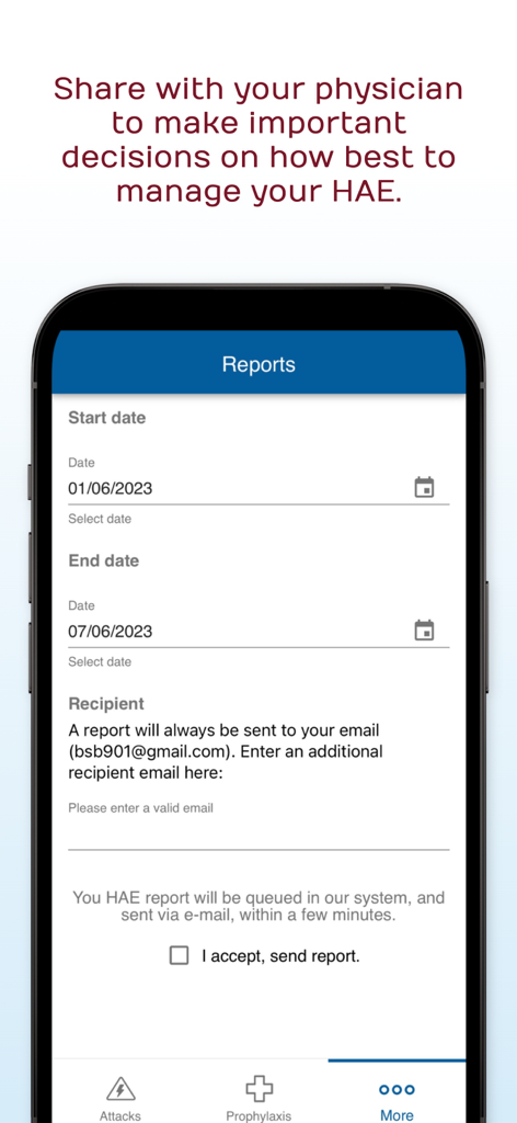 The reports screen in the HAE TrackR app showing options to select date ranges and email recipients for sharing health data with a physician