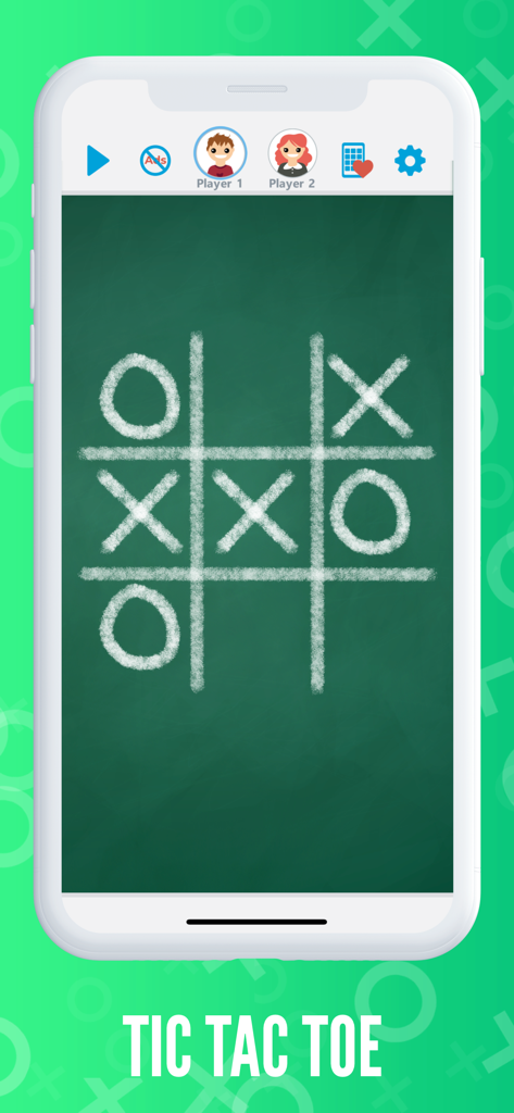 Tic Tac Toe OXO - 2 Player - Tic Tac Toe mobile game with retro green chalkboard theme and chalk style marks