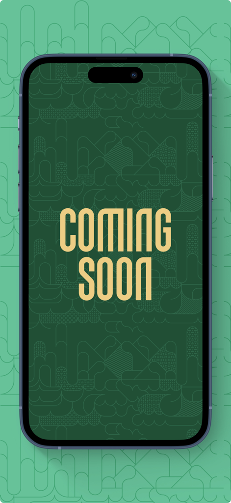 Team Saudi | فريق السعودية - Tela de apresentação do aplicativo Team Saudi com o texto 'Em Breve' em um fundo com padrão verde