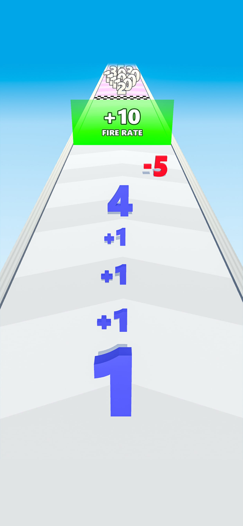 Number Run & Merge: Shooting - Un numero blu uno che corre attraverso una pista con ostacoli matematici e un cancello di cadenza di fuoco in Number Run e Merge Shooting