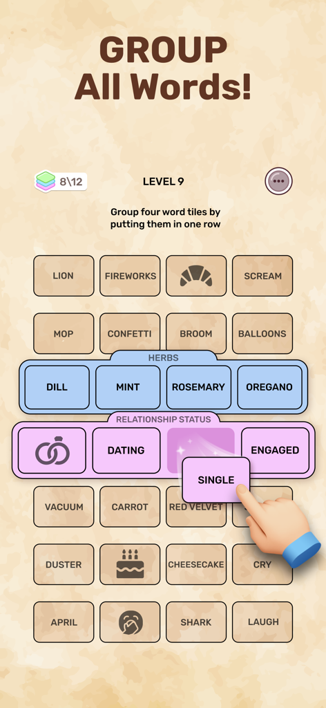 A gameplay screenshot of the Connect Word game showing word tiles being grouped into categories like Herbs and Relationship Status.