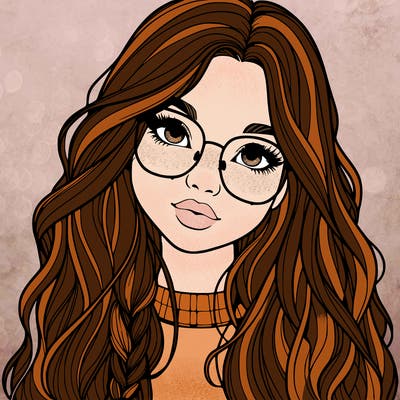 girl with long hair and freckles and glasses realistic