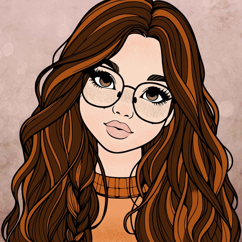 girl with long hair and freckles and glasses realistic