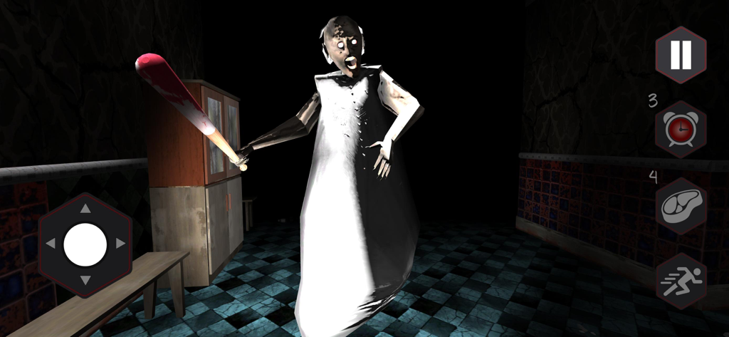 Scary Granny Nun Escape Game - Una monja aterradora sosteniendo un bate de béisbol ensangrentado en un pasillo oscuro