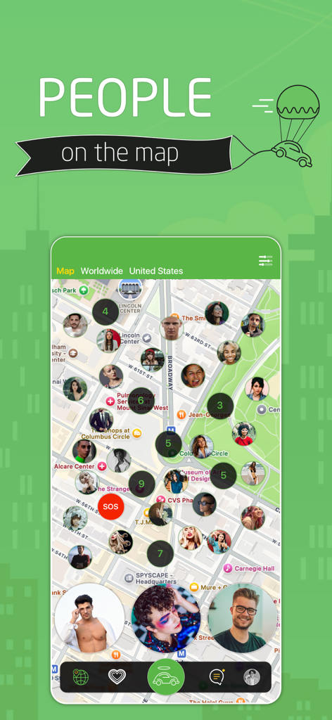 JOYCAR - Drive, Chat & Dating - JOYCAR app interface displaying a city map with profile pictures of nearby users and location clusters