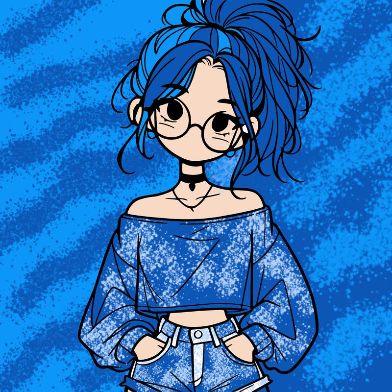 girl with a messy ponytail glasses a baggy crop top and jean shorts