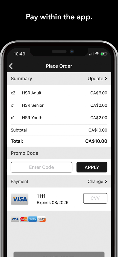 Checkout summary screen in the PRESTO E-Tickets app showing a total for HSR adult senior and youth tickets with Visa payment option.