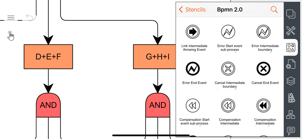 Flow Chart, Block Diagram - Interface of a flow chart app showing BPMN 2.0 standard stencil symbols for business process modeling