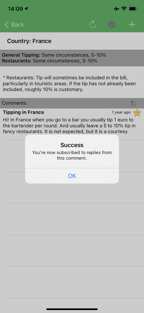 TipFox - Screenshot of the TipFox app displaying tipping etiquette for France and a success notification for comment subscriptions