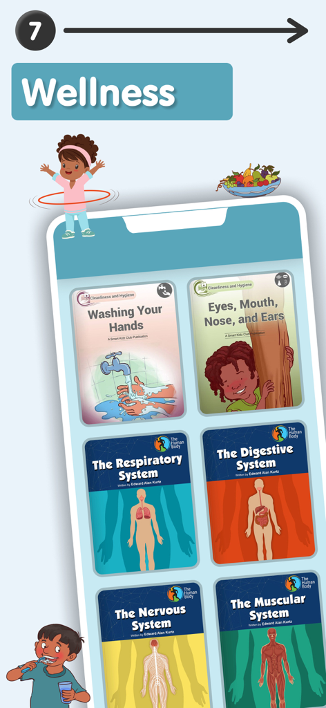 Collection of educational books about hygiene and the human body in a reading app for children