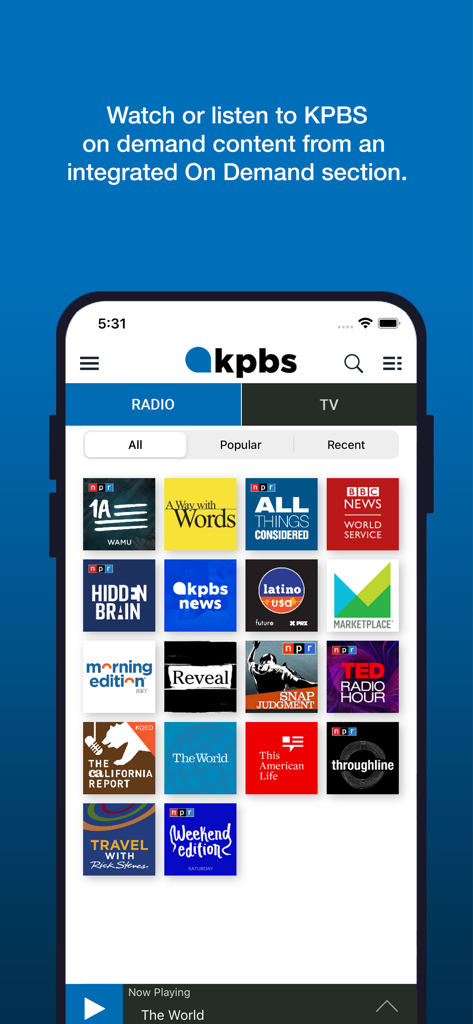 The On Demand radio section of the KPBS app showing a grid of podcasts and radio shows like All Things Considered and Morning Edition.