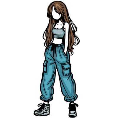 girl in baggy pants crop top and long hair