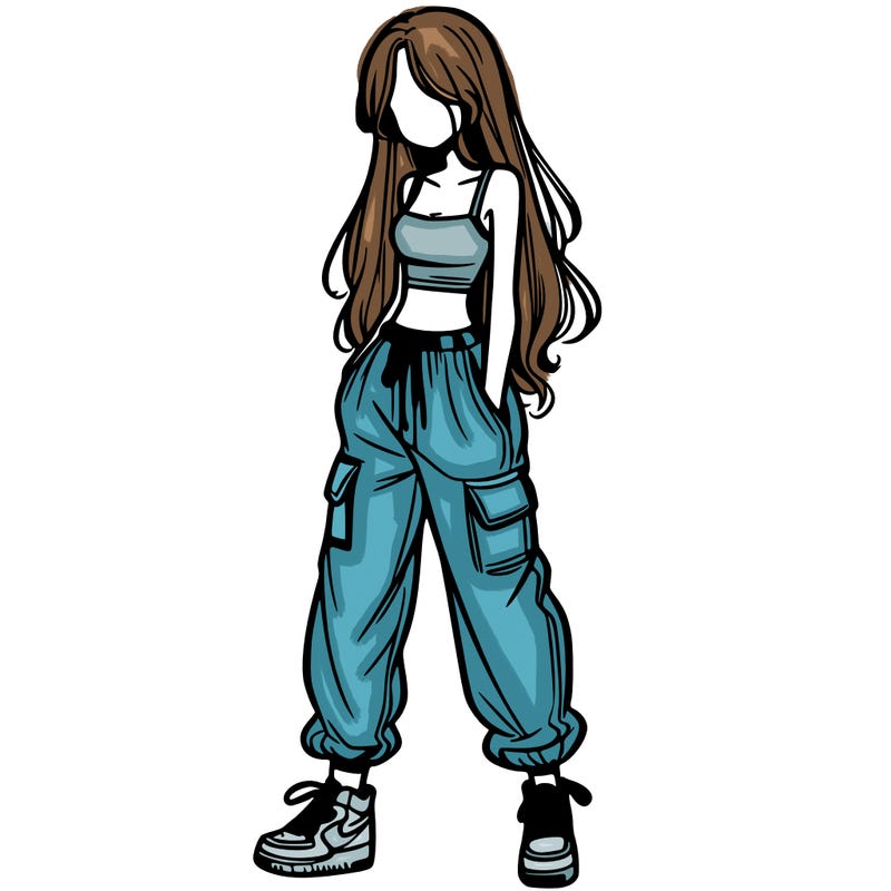 girl in baggy pants crop top and long hair