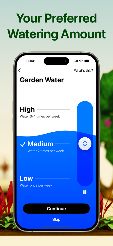 Flourish Garden - Flourish Garden app interface for selecting garden watering frequency levels