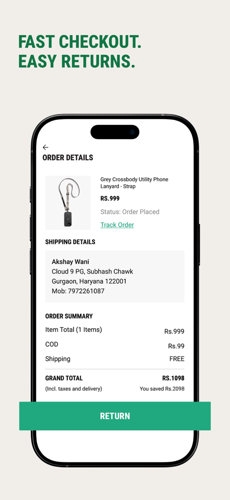 DailyObjects app screen showing order details and return button