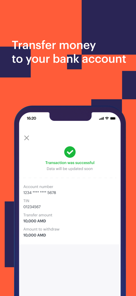 Telcell Business - A mobile screen showing a successful transaction confirmation for transferring money to a bank account in the Telcell Business app.