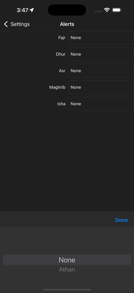 Ramadan Dashboard - Settings screen to configure Athan notifications for daily prayer times.