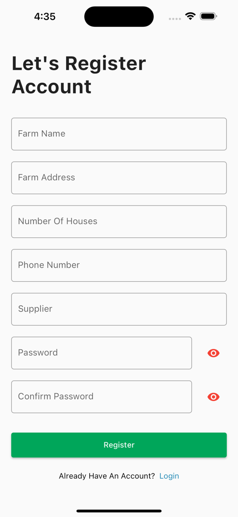 Broiler Plus - A registration screen for the Broiler Plus app featuring fields for farm name, address, number of houses, and supplier details.