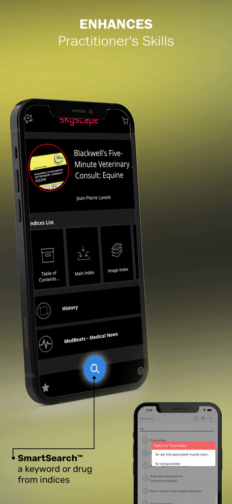 Interface of the 5 Minute Veterinary Consult Equine app highlighting the SmartSearch feature for quick drug and keyword retrieval.