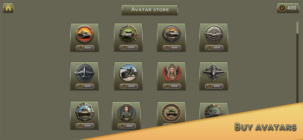 Magasin d'avatars dans Tank Wars Online Game proposant des icônes de chars et d'avions militaires pour la personnalisation