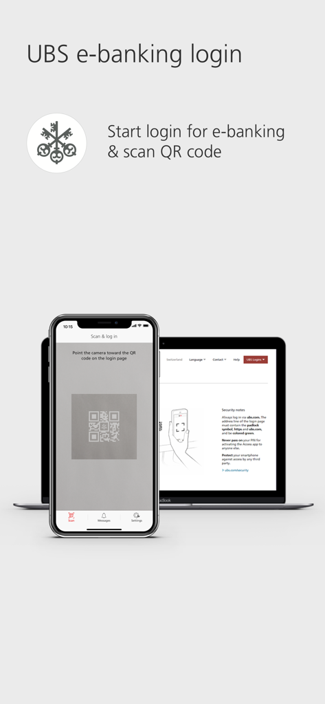 UBS Access – secure login - Un smartphone scannant un code QR sur un écran d'ordinateur portable pour se connecter en toute sécurité à l'e-banking UBS
