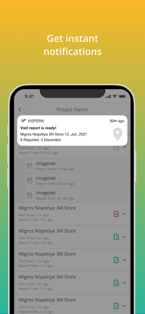 Vispera Shark mobile app notification showing a retail store visit report is ready