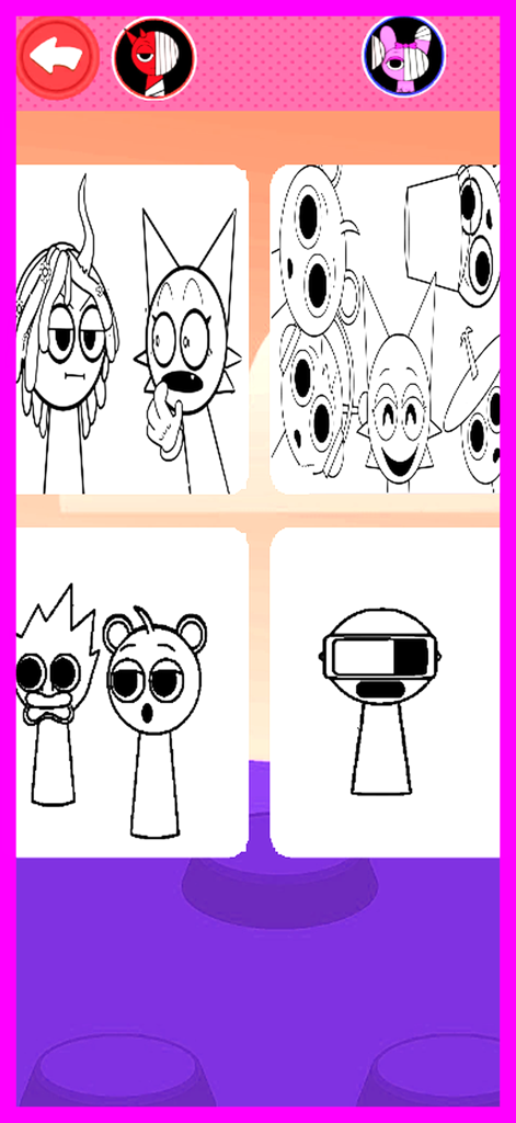 Sprunki kolor's phase game - Un menu di selezione di pagine da colorare di personaggi Sprunki in bianco e nero